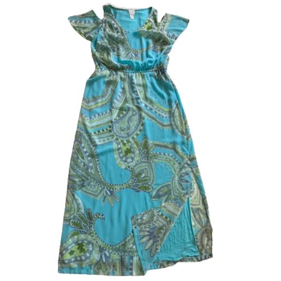 Chicos Maxi Dress Sienna Aqua Green Paisley Cold Shoulder Short Sleeve Medium - Picture 7 of 12